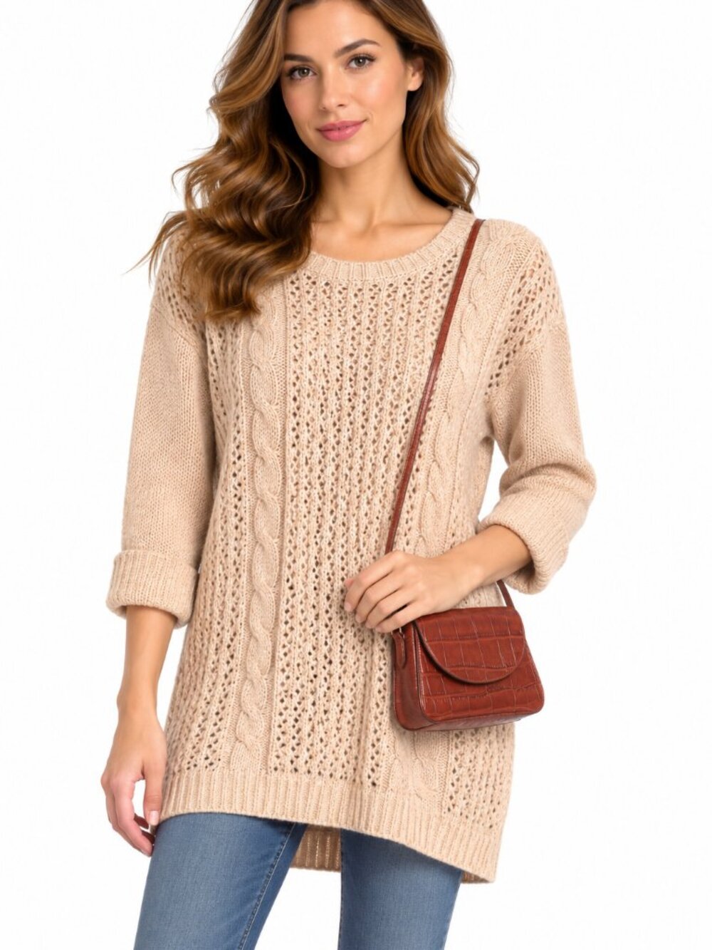2-Piece Bundle: J.J. Basics Cable Knit Sweater (M) & Browns Italy Leather bag
